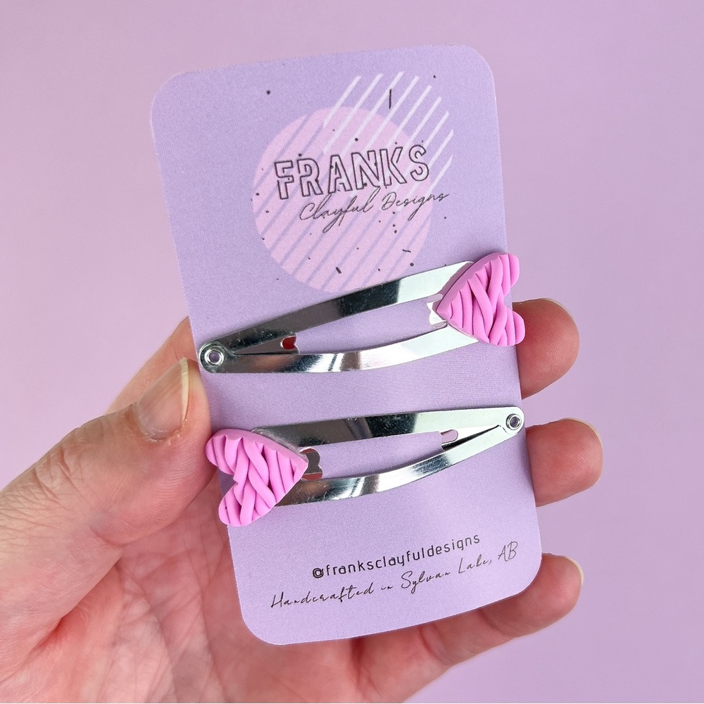 Pink Chunky Knit Heart Handmade Polymer Clay Hair Clips